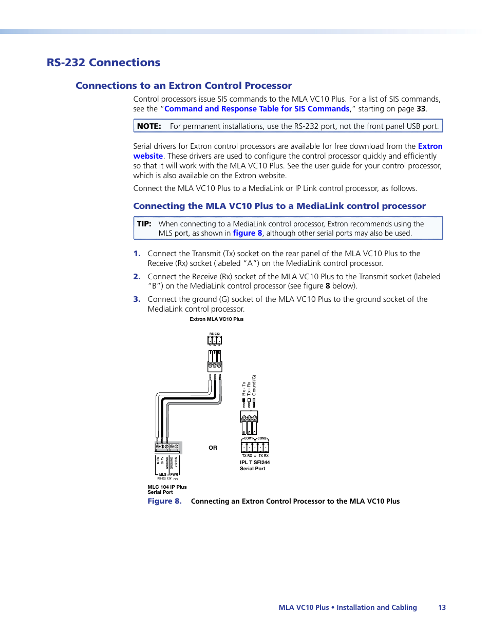 Rs-232 connections, Connections to an extron control processor, Connections to an | Extron control processor, Plus, To an extron control, Processor, Figure 8 | Extron Electronics MLA VC10 Plus User Guide User Manual | Page 19 / 45