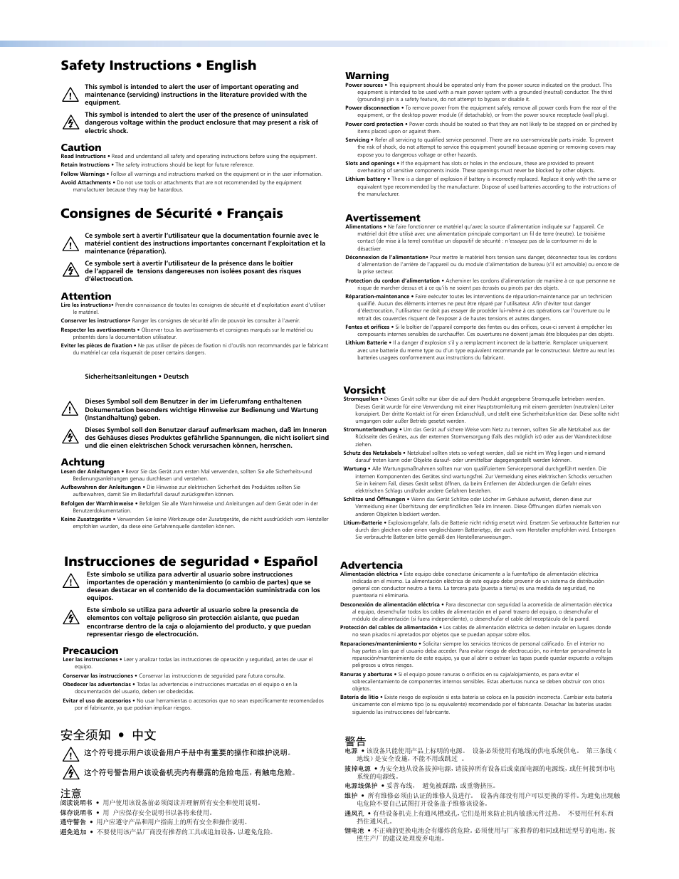 Safety instructions, Instrucciones de seguridad • español 安全须知 • 中文, Caution | Warning, Attention, Avertissement, Achtung, Vorsicht, Precaucion, Advertencia | Extron Electronics MLA VC10 Plus User Guide User Manual | Page 2 / 45