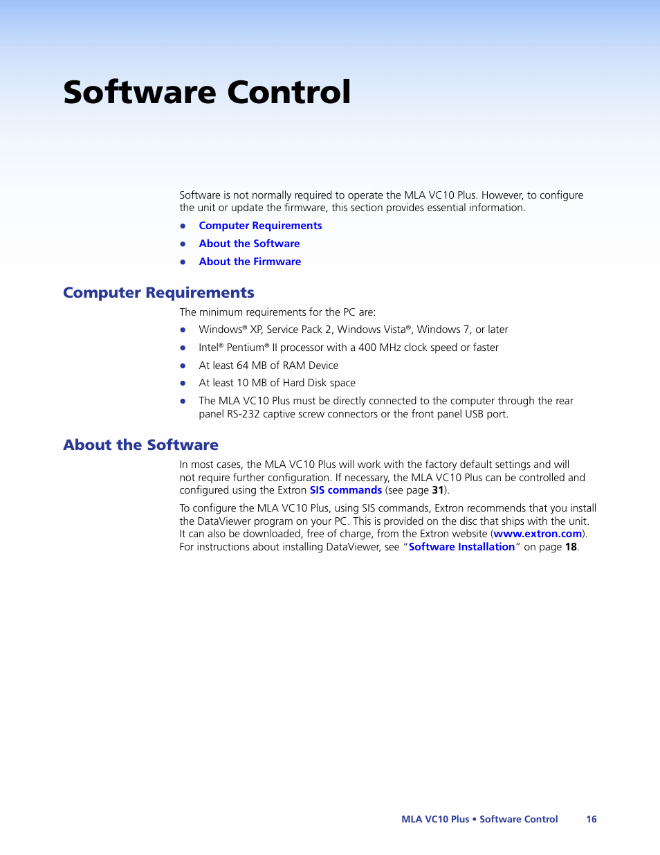 Software control, Computer requirements, About the software | Computer requirements about the software | Extron Electronics MLA VC10 Plus User Guide User Manual | Page 22 / 45