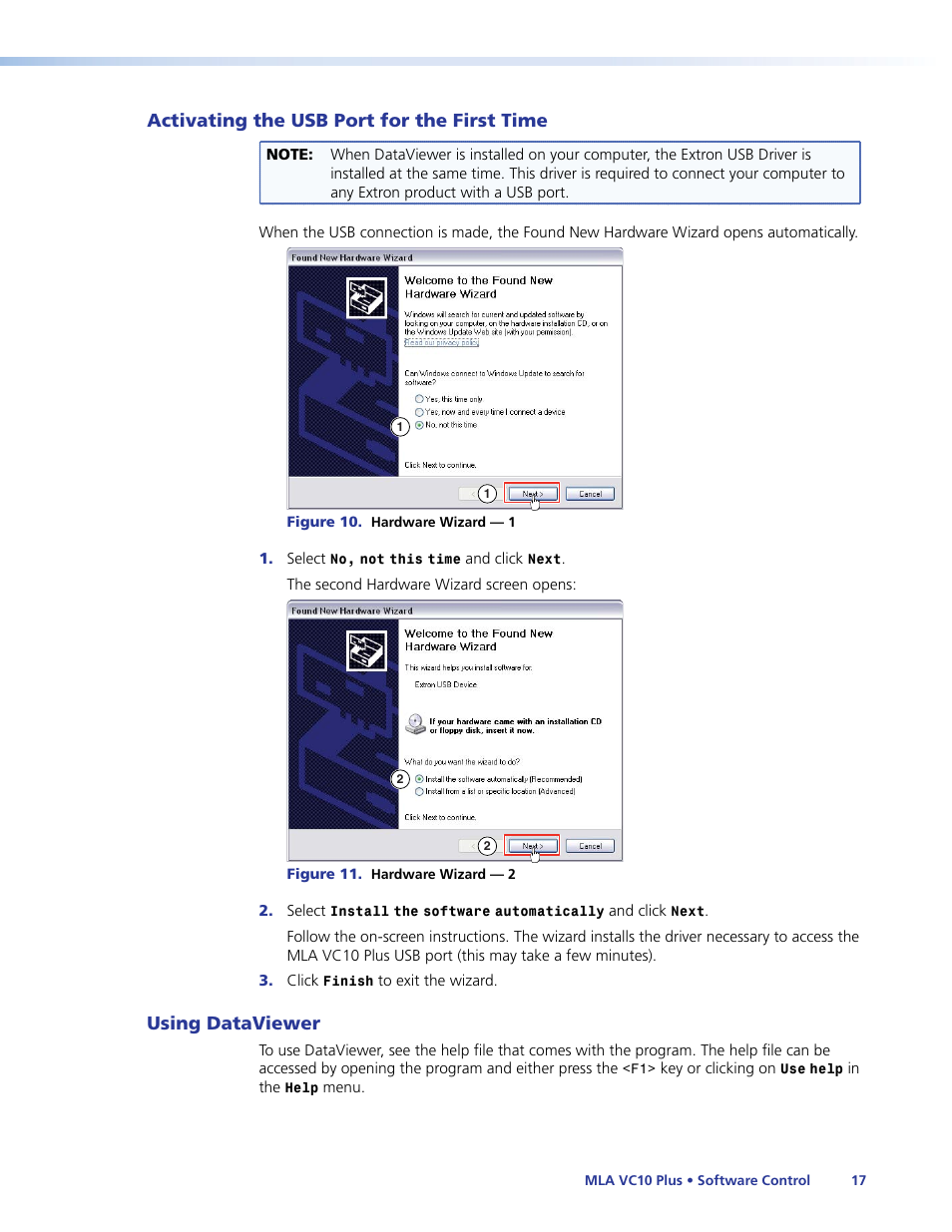 Activating the usb port for the first time, Using dataviewer | Extron Electronics MLA VC10 Plus User Guide User Manual | Page 23 / 45