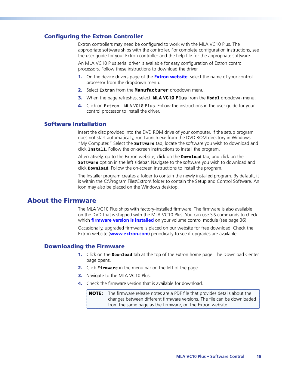 Configuring the extron controller, Software installation, About the firmware | Downloading the firmware | Extron Electronics MLA VC10 Plus User Guide User Manual | Page 24 / 45