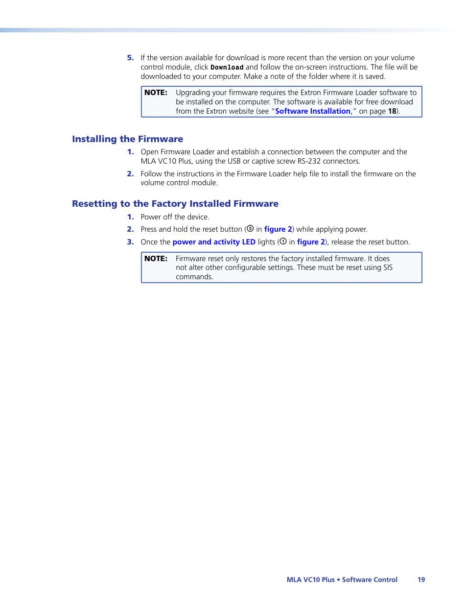 Installing the firmware, Resetting to the factory installed firmware | Extron Electronics MLA VC10 Plus User Guide User Manual | Page 25 / 45