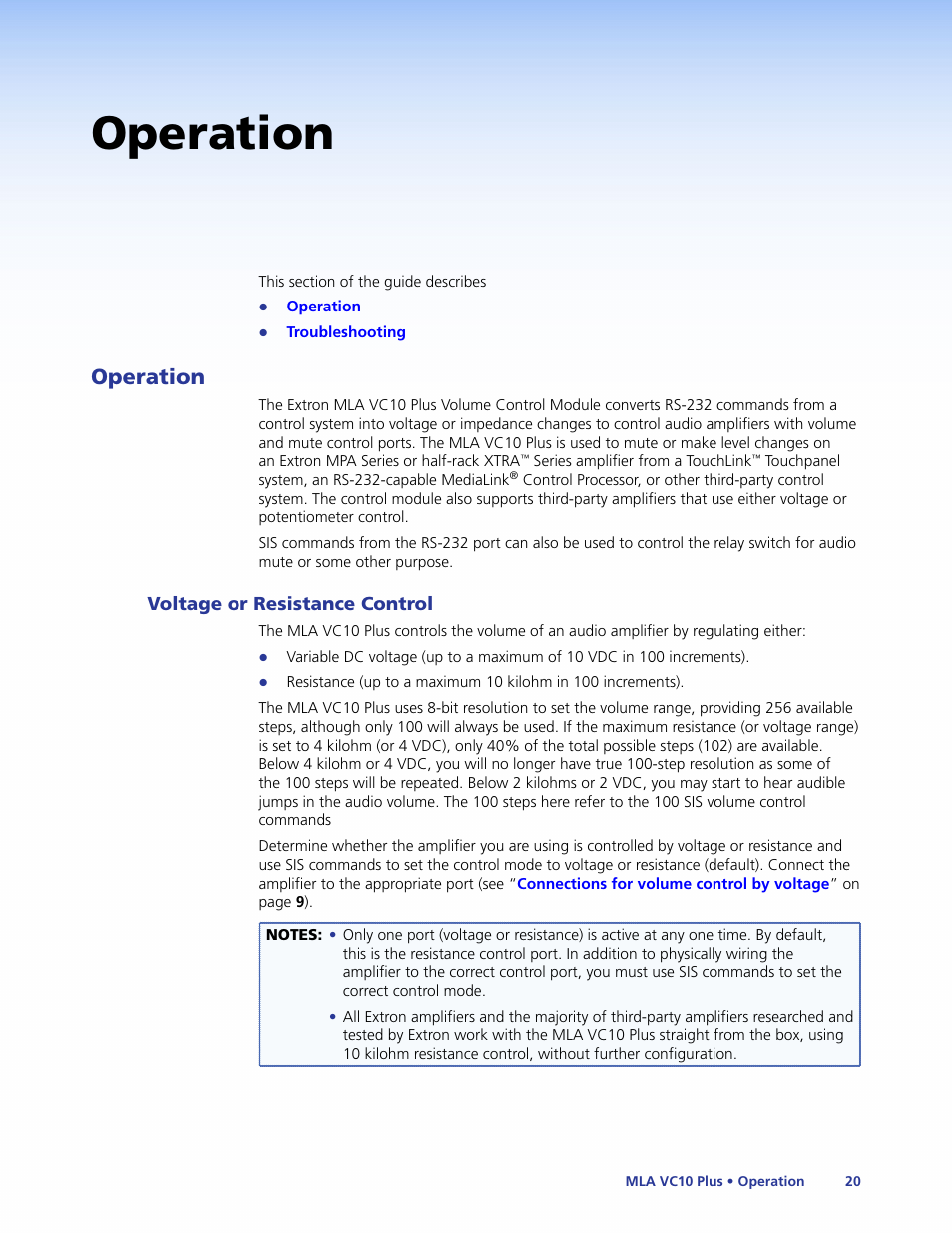 Operation, Voltage or resistance control | Extron Electronics MLA VC10 Plus User Guide User Manual | Page 26 / 45