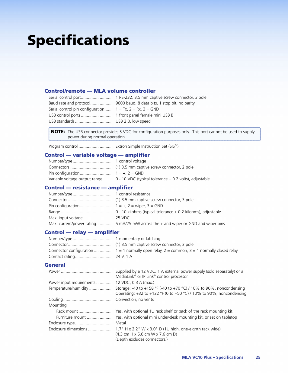Specifications | Extron Electronics MLA VC10 Plus User Guide User Manual | Page 31 / 45