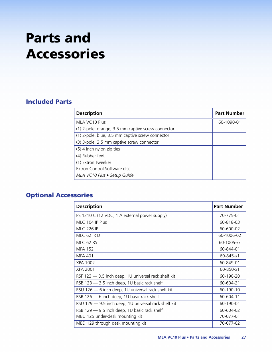 Parts and accessories, Included parts, Optional accessories | Included parts optional accessories | Extron Electronics MLA VC10 Plus User Guide User Manual | Page 33 / 45