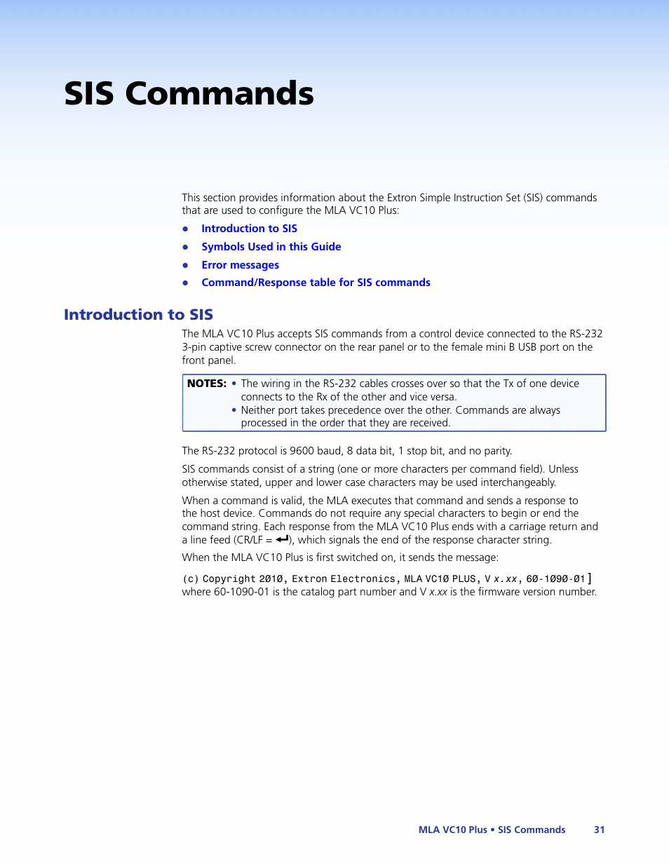 Sis commands, Introduction to sis, For a | Complete description of sis commands | Extron Electronics MLA VC10 Plus User Guide User Manual | Page 37 / 45