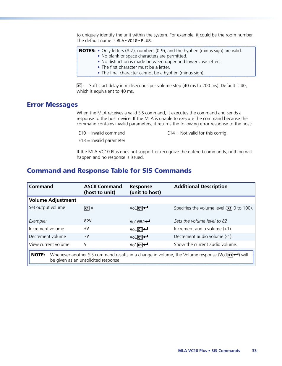 Error messages, Command and response table for sis commands, Error messages command and response table for | Sis commands, See the, Commands, see the, Increase the volume level, Command/response table for sis commands | Extron Electronics MLA VC10 Plus User Guide User Manual | Page 39 / 45