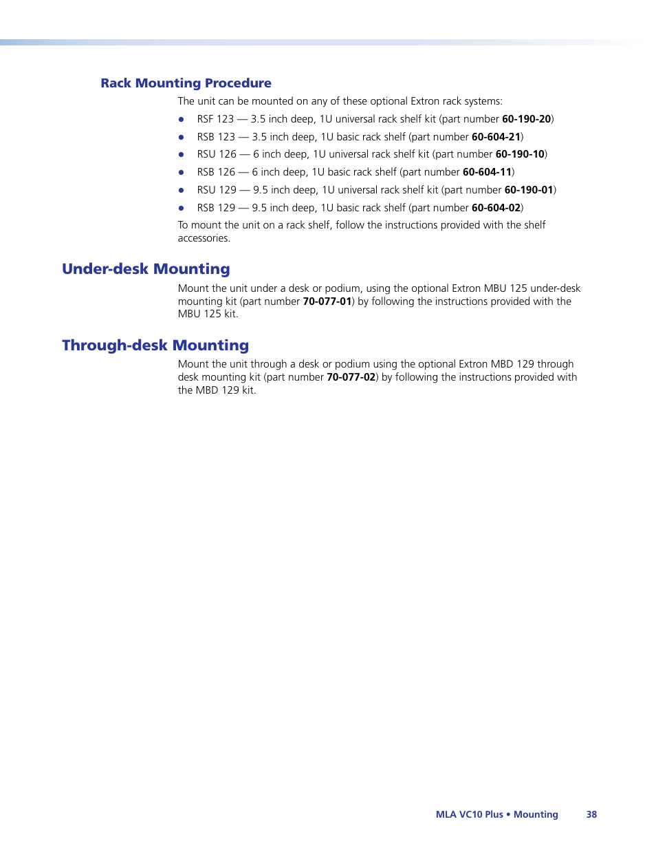 Rack mounting procedure, Under-desk mounting, Through-desk mounting | Under-desk mounting through-desk mounting | Extron Electronics MLA VC10 Plus User Guide User Manual | Page 44 / 45