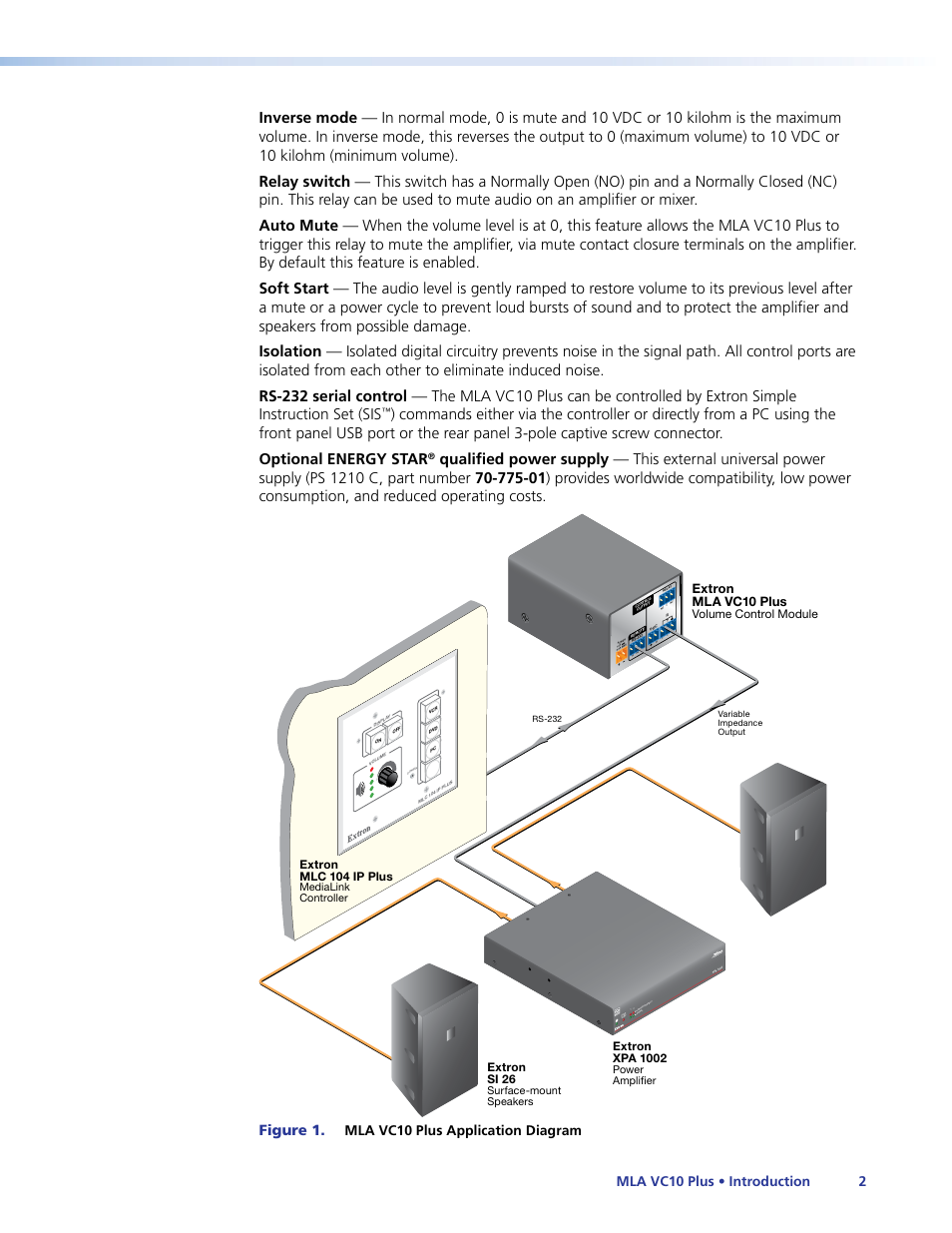 12 limiter/pr otect signal ove r temp, Figure 1. mla vc10 plus application diagram, Mla vc10 plus • introduction 2 | Extron mla vc10 plus, Extron mlc 104 ip plus, Volume control module, Extron xpa 1002, Extron si 26 | Extron Electronics MLA VC10 Plus User Guide User Manual | Page 8 / 45