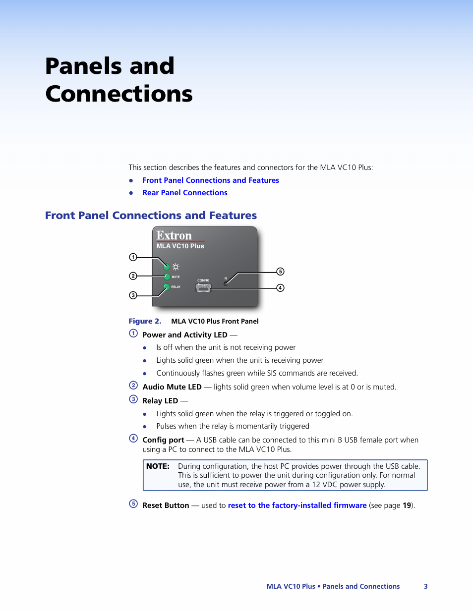 Panels and connections, Front panel connections and features | Extron Electronics MLA VC10 Plus User Guide User Manual | Page 9 / 45