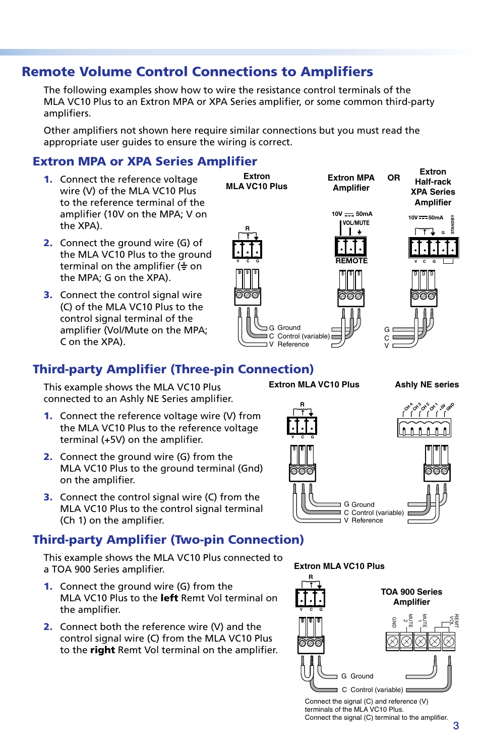 Remote volume control connections to amplifiers, Extron mpa or xpa series amplifier, Third-party amplifier (three-pin connection) | Third-party amplifier (two-pin connection) | Extron Electronics MLA VC10 Plus Setup Guide User Manual | Page 3 / 6