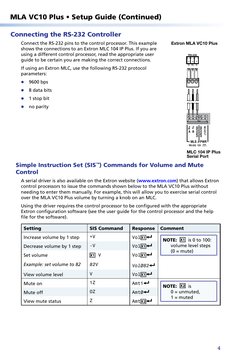 Mla vc10 plus • setup guide (continued), Connecting the rs-232 controller, Simple instruction set (sis | Commands for volume and mute control | Extron Electronics MLA VC10 Plus Setup Guide User Manual | Page 4 / 6