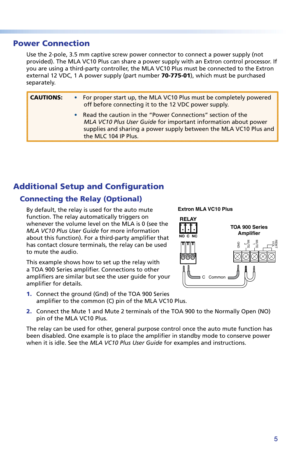 Power connection, Additional setup and configuration, Connecting the relay (optional) | Extron Electronics MLA VC10 Plus Setup Guide User Manual | Page 5 / 6