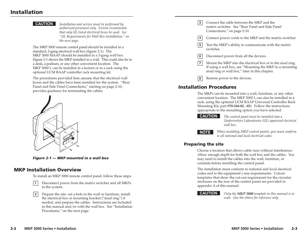 Mkp installation overview, Installation procedures, Preparing the site | Installation, Po w er res et | Extron Electronics MKP 3000 Series User Manual | Page 10 / 55