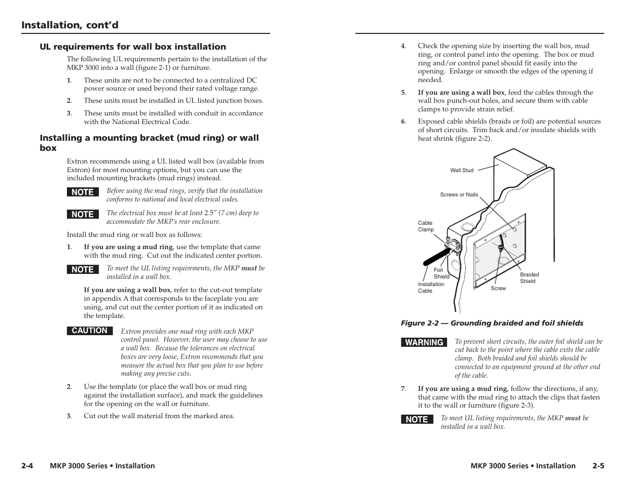 Ul requirements for wall box installation, Installation, cont’d | Extron Electronics MKP 3000 Series User Manual | Page 11 / 55