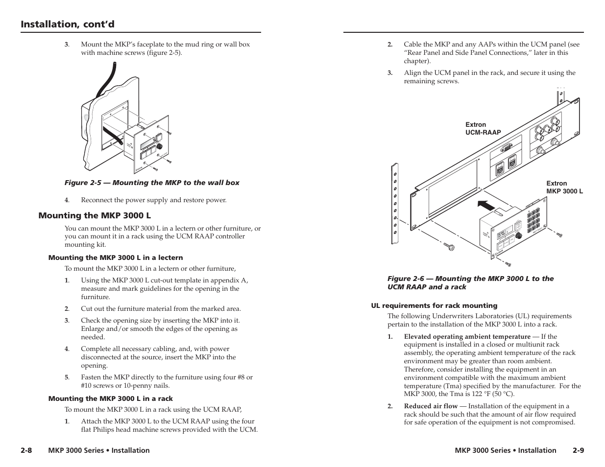 Mounting the mkp 3000 l, Mounting the mkp 3000 l in a lectern, Mounting the mkp 3000 l in a rack | Ul requirements for rack mounting, Installation, cont’d, Po w er re se t | Extron Electronics MKP 3000 Series User Manual | Page 13 / 55