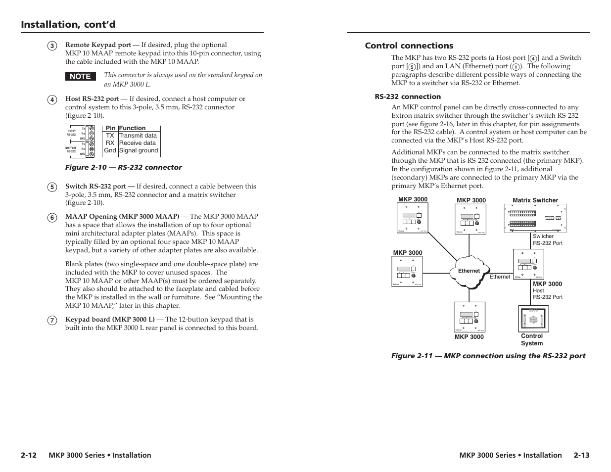 Control connections, Rs-232 connection, Installation, cont’d | I / o select | Extron Electronics MKP 3000 Series User Manual | Page 15 / 55