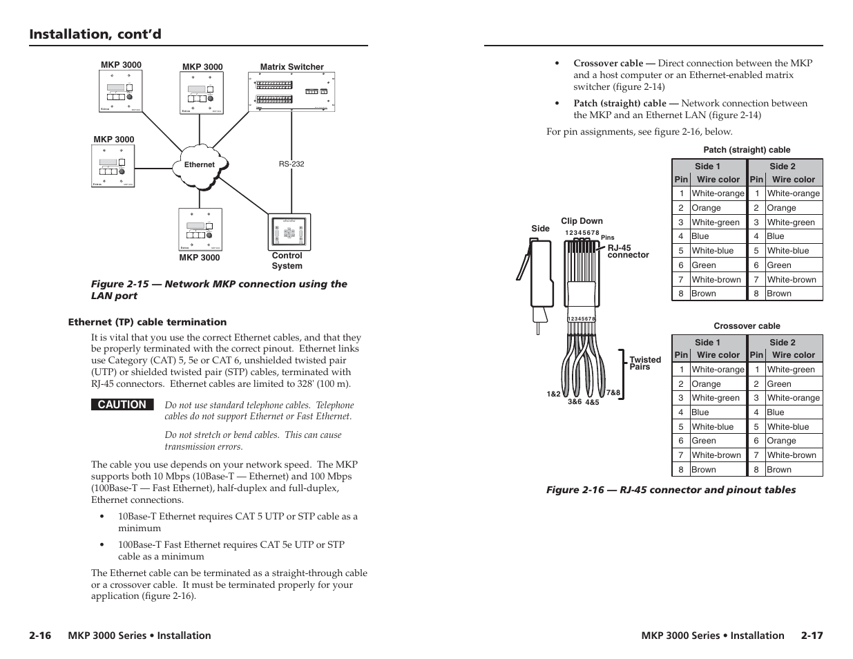 Ethernet (tp) cable termination, Installation, cont’d, I / o select | Extron Electronics MKP 3000 Series User Manual | Page 17 / 55