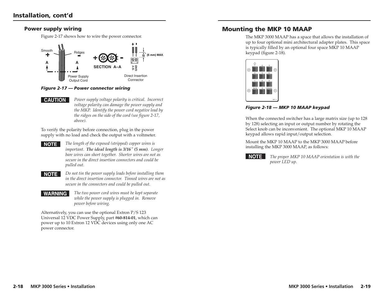 Power supply wiring, Mounting the mkp 10 maap, Installation, cont’d | Caution | Extron Electronics MKP 3000 Series User Manual | Page 18 / 55