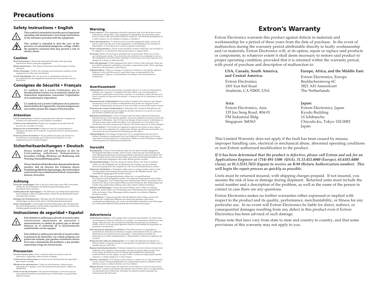 Precautions, Extron’s warranty, Instrucciones de seguridad • español | Extron Electronics MKP 3000 Series User Manual | Page 2 / 55