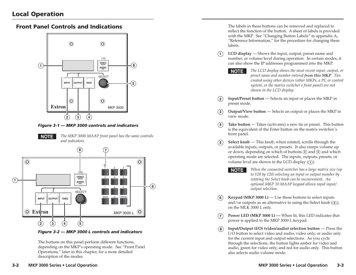 Front panel controls and indications, Local operation, Extron | Extron Electronics MKP 3000 Series User Manual | Page 21 / 55