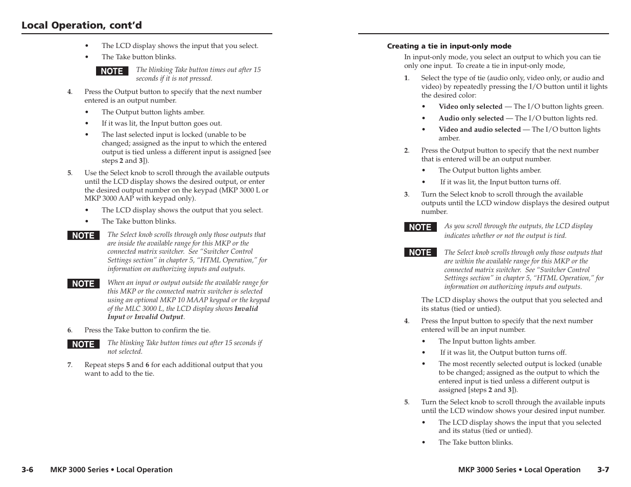 Creating a tie in input-only mode, Local operation, cont’d | Extron Electronics MKP 3000 Series User Manual | Page 23 / 55