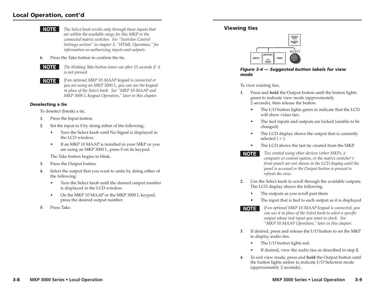 Deselecting a tie, Viewing ties, Local operation, cont’d | Extron Electronics MKP 3000 Series User Manual | Page 24 / 55