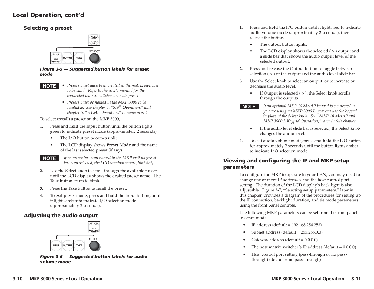 Selecting a preset, Adjusting the audio output, Local operation, cont’d | Extron Electronics MKP 3000 Series User Manual | Page 25 / 55