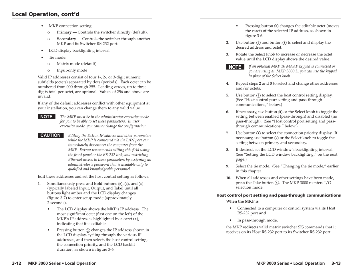 Local operation, cont’d | Extron Electronics MKP 3000 Series User Manual | Page 26 / 55