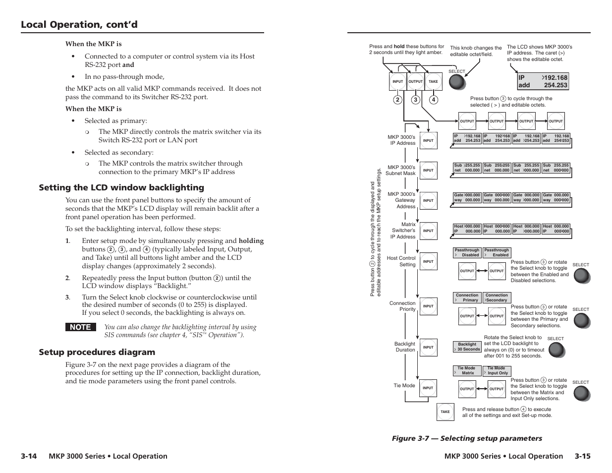 Setting the lcd window backlighting, Setup procedures diagram, Local operation, cont’d | Extron Electronics MKP 3000 Series User Manual | Page 27 / 55