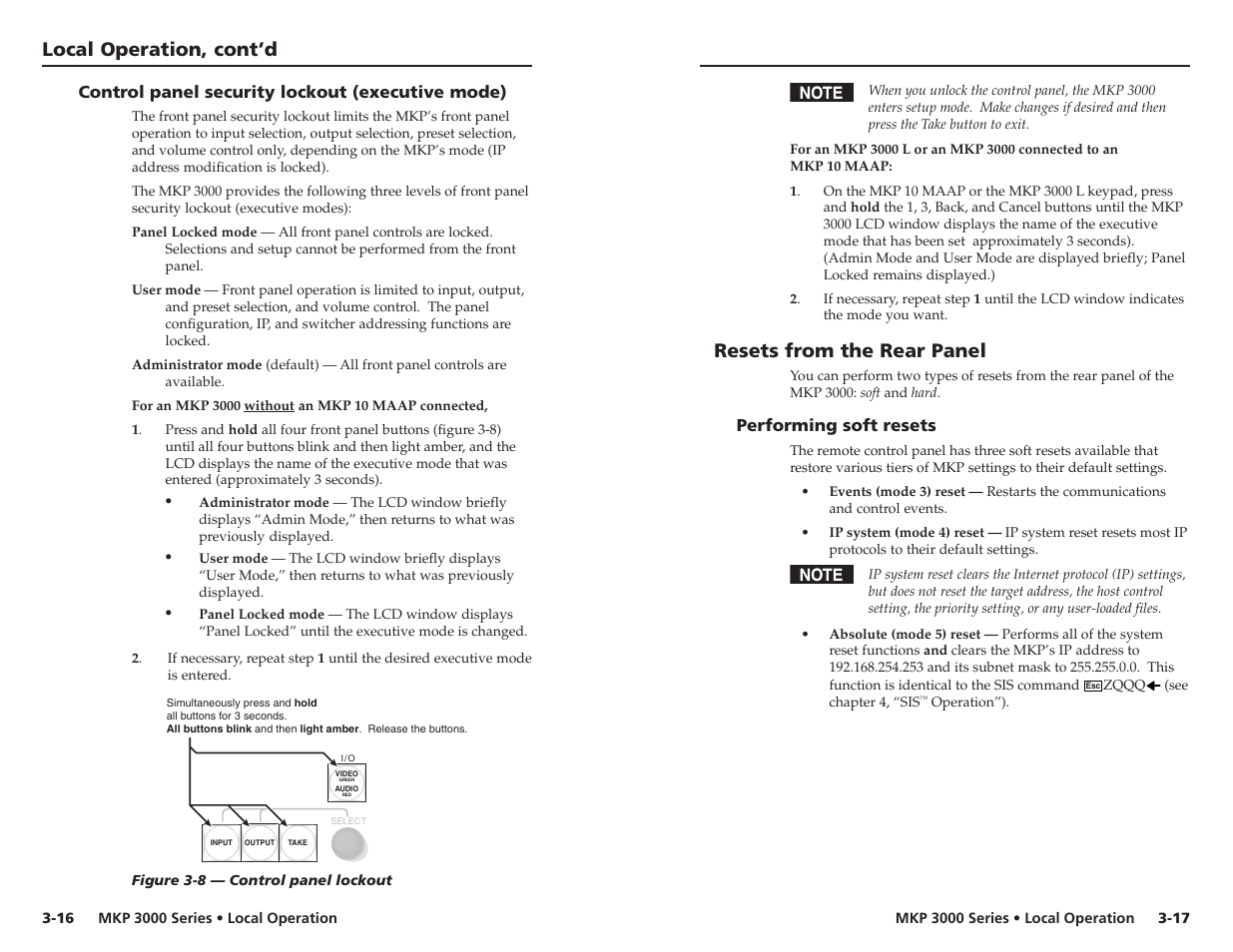 Control panel security lockout (executive mode), Resets from the rear panel, Performing soft resets | Local operation, cont’d | Extron Electronics MKP 3000 Series User Manual | Page 28 / 55