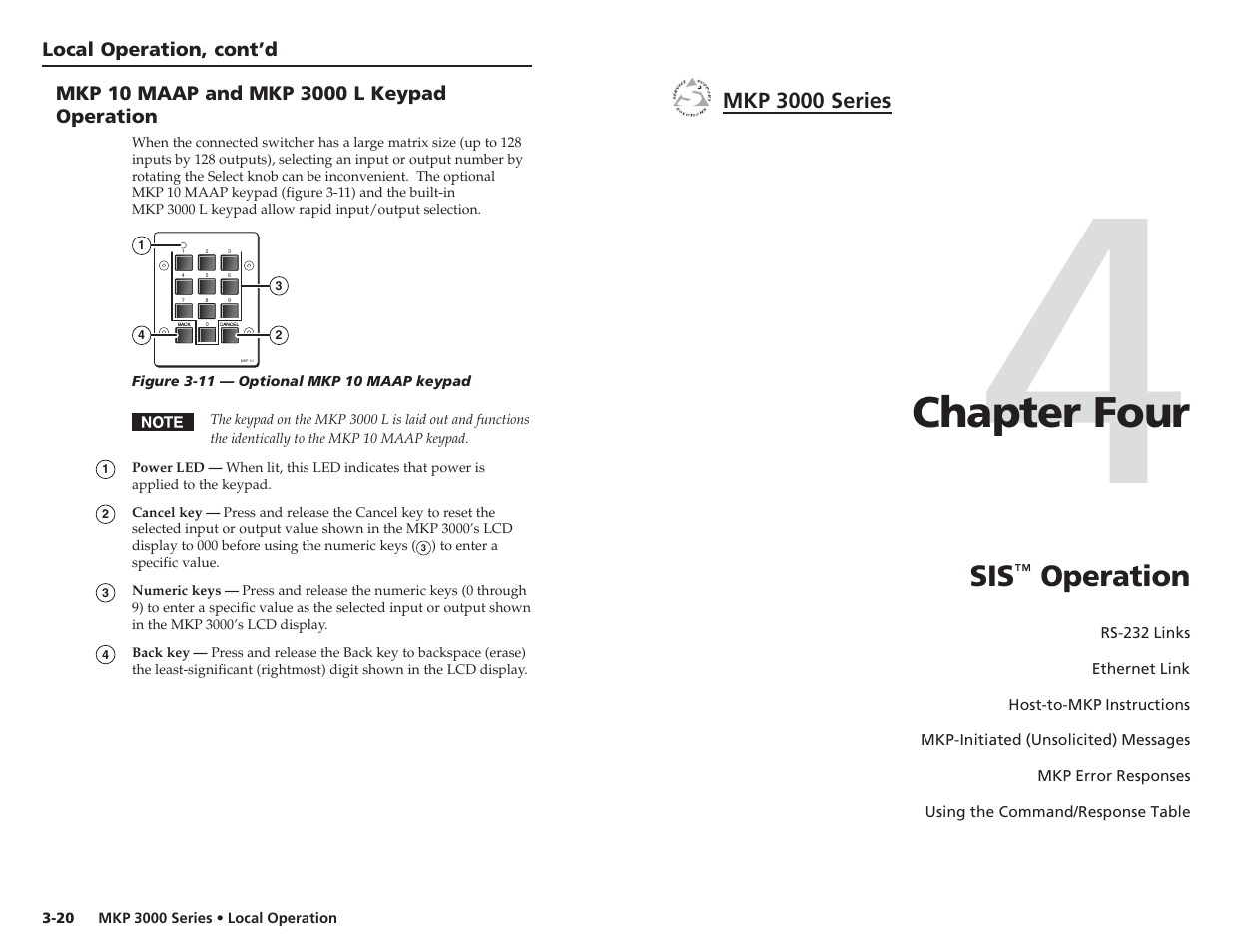 Mkp 10 maap and mkp 3000 l keypad operation, Sis™ operation, Chapter four | Operation | Extron Electronics MKP 3000 Series User Manual | Page 30 / 55