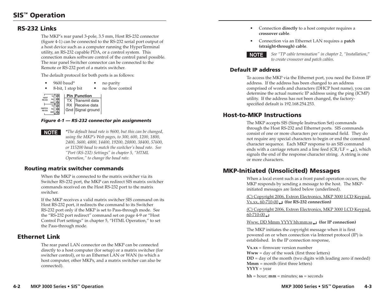 Rs-232 links, Routing matrix switcher commands, Ethernet link | Default ip address, Host-to-mkp instructions, Mkp-initiated (unsolicited) messages, Operation | Extron Electronics MKP 3000 Series User Manual | Page 31 / 55