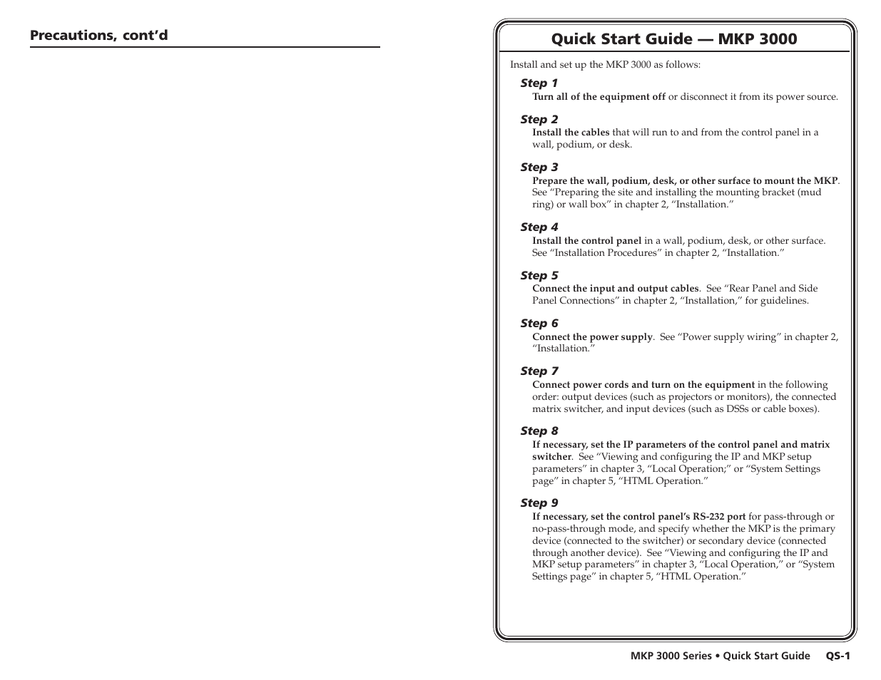 Quick start guide, Quick start guide — mkp 3000, Precautions, cont’d | Extron Electronics MKP 3000 Series User Manual | Page 4 / 55