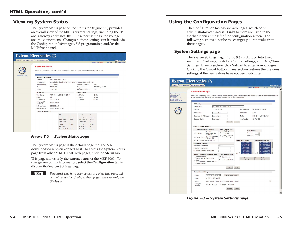 Viewing system status, Html operation, cont’d, Using the configuration pages | Extron Electronics MKP 3000 Series User Manual | Page 40 / 55