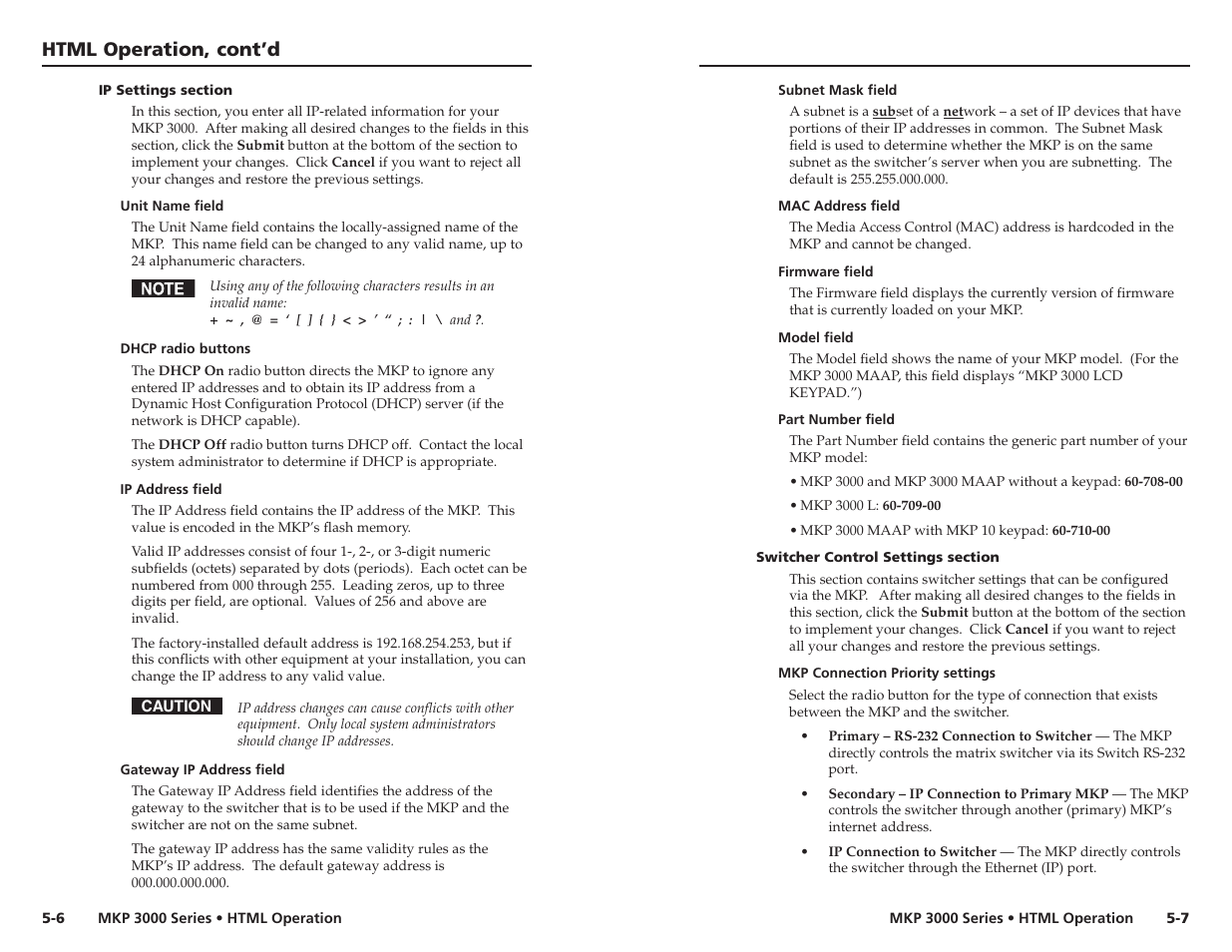 Ip settings section, Unit name field, Dhcp radio buttons | Ip address field, Gateway ip address field, Subnet mask field, Mac address field, Firmware field, Model field, Part number field | Extron Electronics MKP 3000 Series User Manual | Page 41 / 55