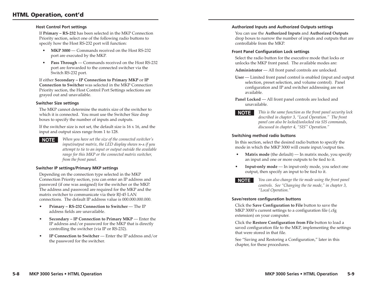 Host control port settings, Switcher size settings, Switcher ip settings/primary mkp settings | Authorized inputs and authorized outputs settings, Front panel configuration lock settings, Switching method radio buttons, Save/restore configuration buttons, Html operation, cont’d | Extron Electronics MKP 3000 Series User Manual | Page 42 / 55