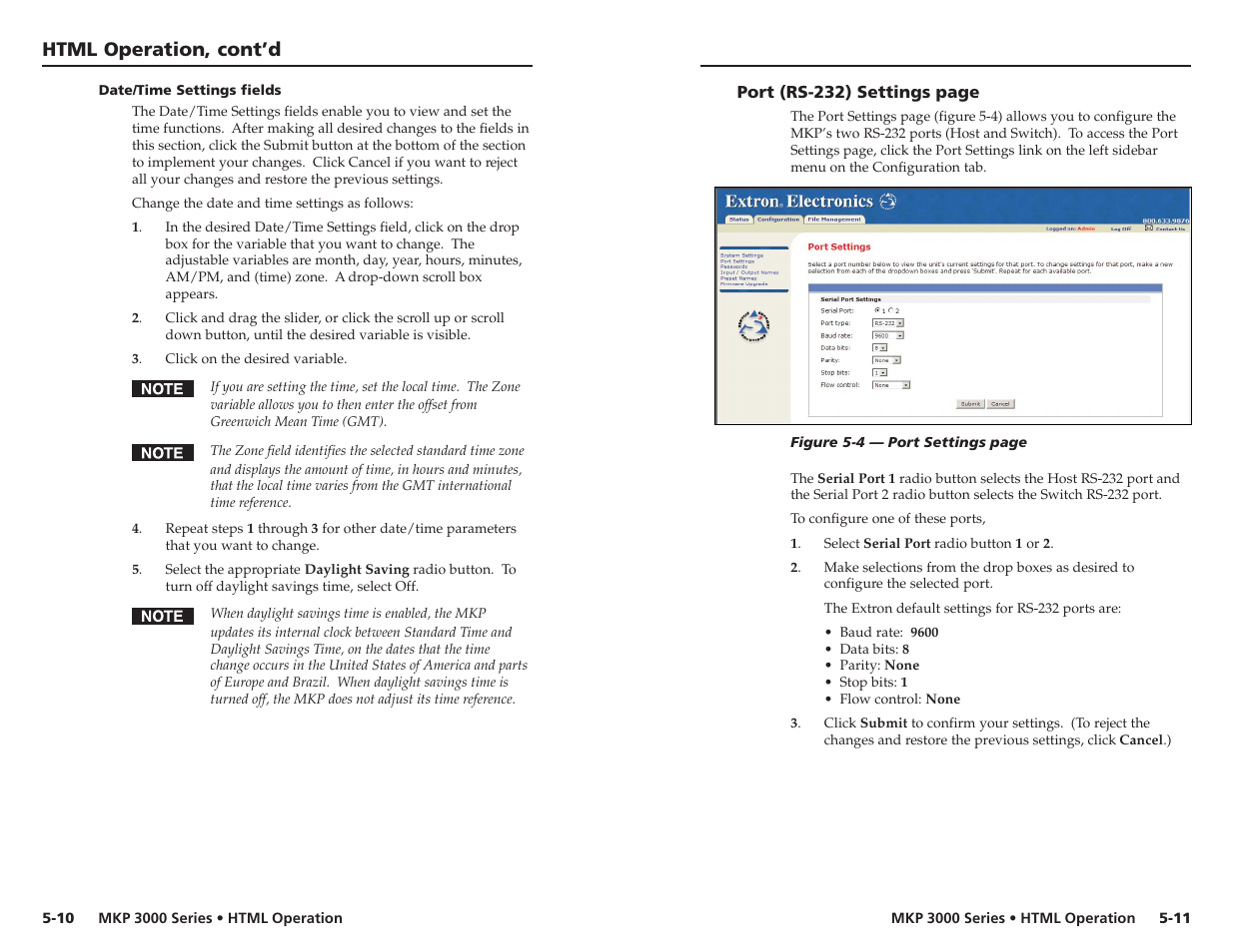 Date/time settings fields, Html operation, cont’d | Extron Electronics MKP 3000 Series User Manual | Page 43 / 55