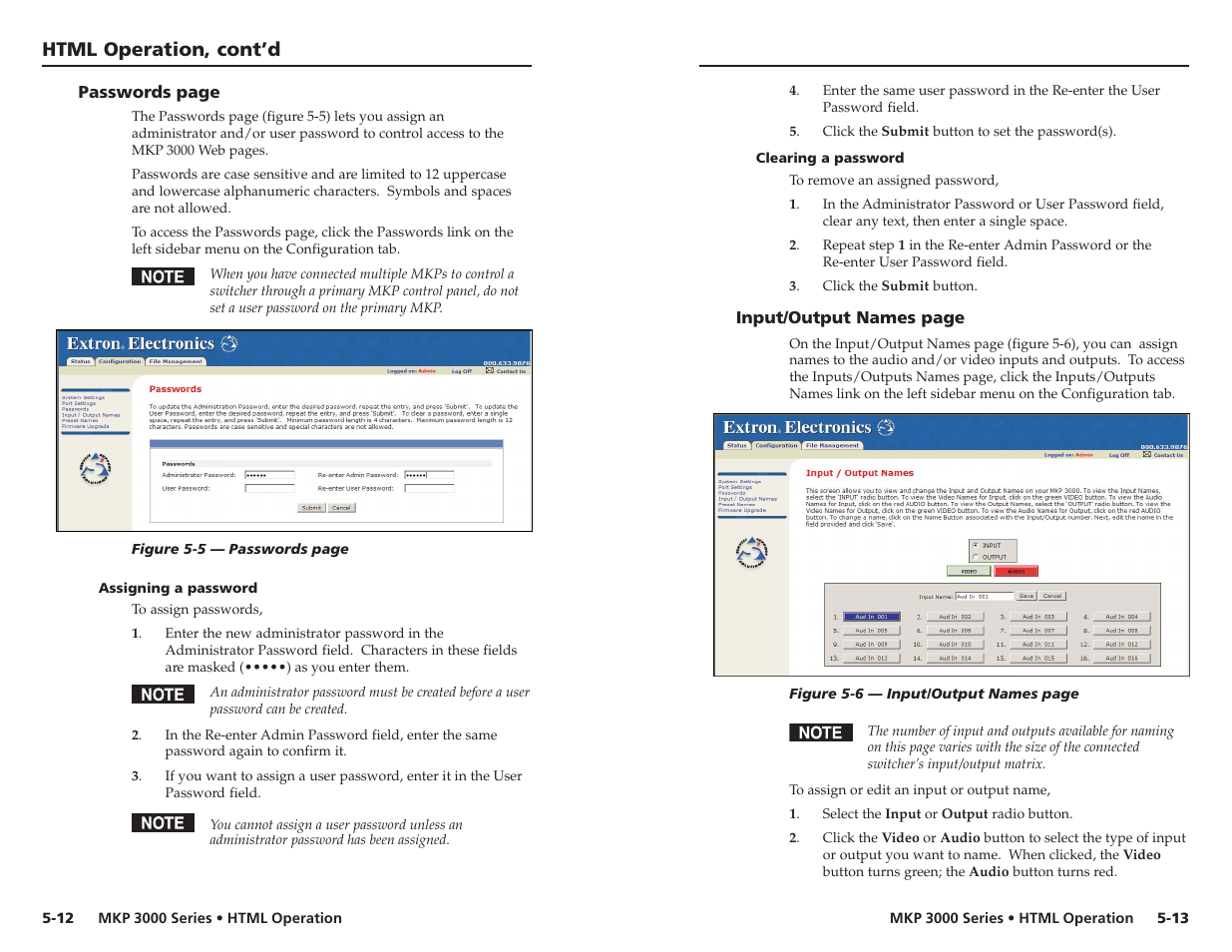 Assigning a password, Clearing a password, Html operation, cont’d | Extron Electronics MKP 3000 Series User Manual | Page 44 / 55