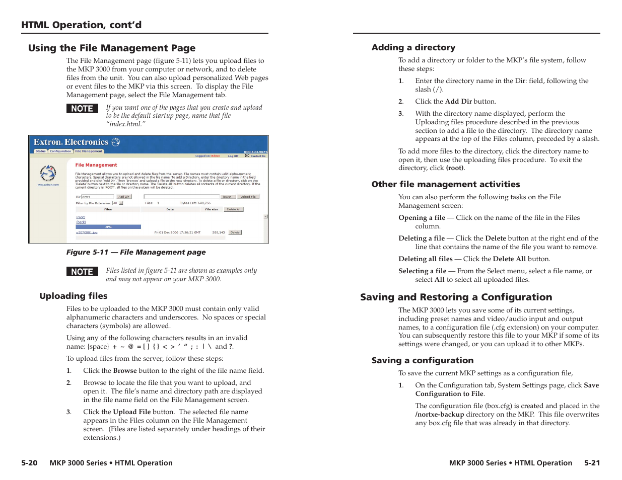 Uploading files, Adding a directory, Other file management activities | Saving and restoring a configuration, Saving a configuration, Html operation, cont’d, Using the file management page | Extron Electronics MKP 3000 Series User Manual | Page 48 / 55