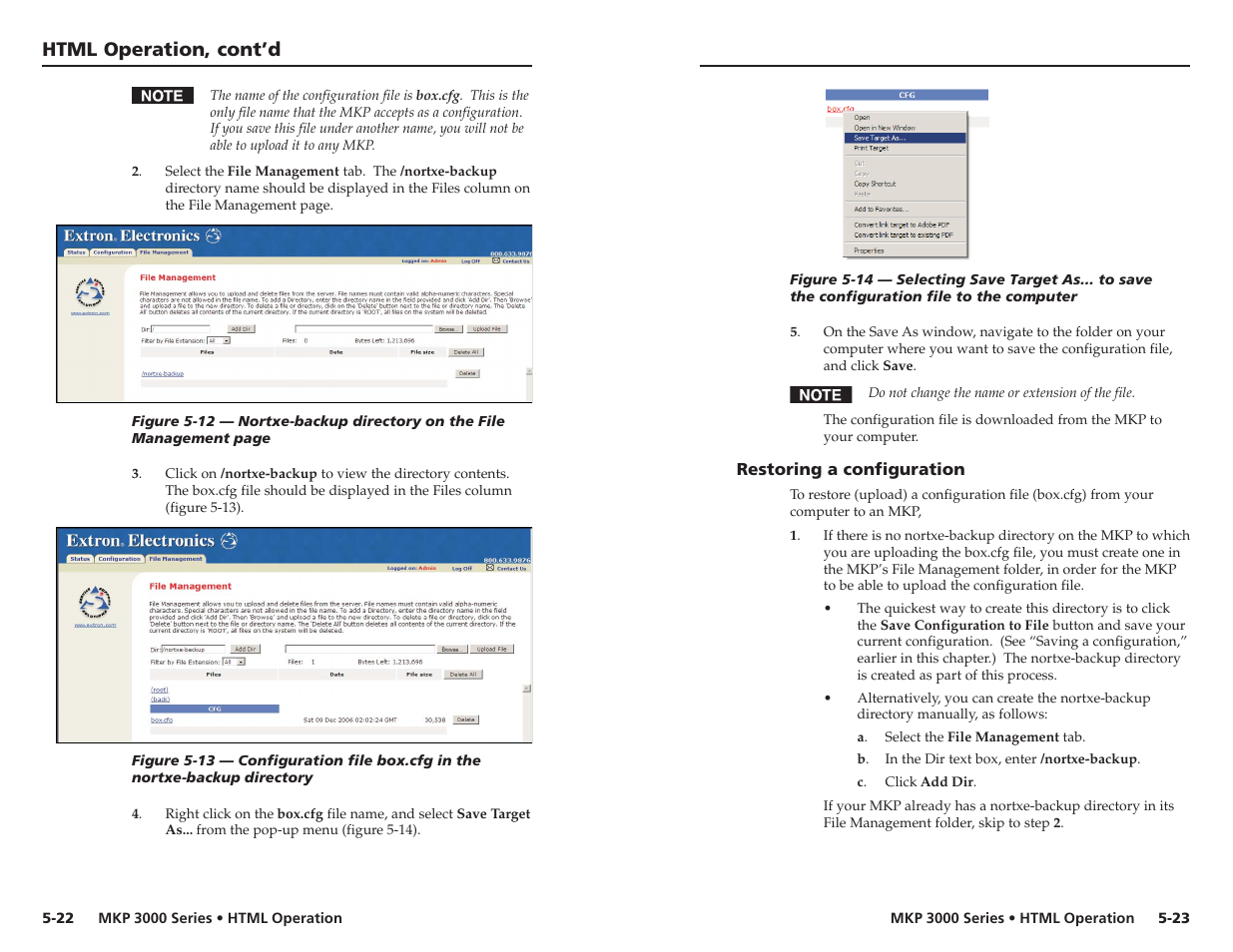 Restoring a configuration, Html operation, cont’d | Extron Electronics MKP 3000 Series User Manual | Page 49 / 55