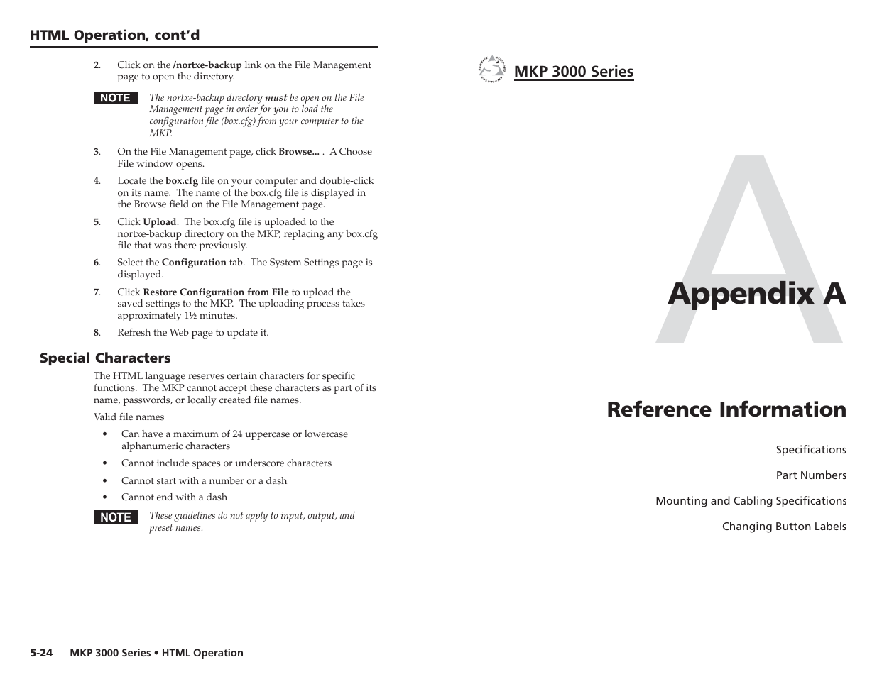 Special characters, Reference information, Appendix a | Extron Electronics MKP 3000 Series User Manual | Page 50 / 55
