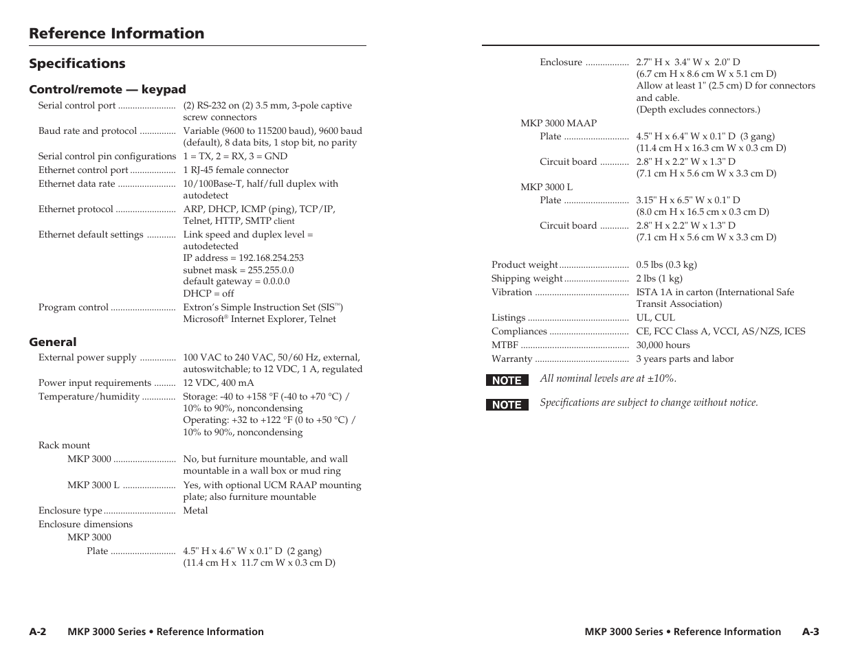 Specifications, Reference information | Extron Electronics MKP 3000 Series User Manual | Page 51 / 55