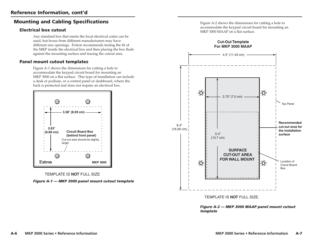 Mounting and cabling specifications, Electrical box cutout, Panel mount cutout templates | Reference information, cont’d | Extron Electronics MKP 3000 Series User Manual | Page 53 / 55