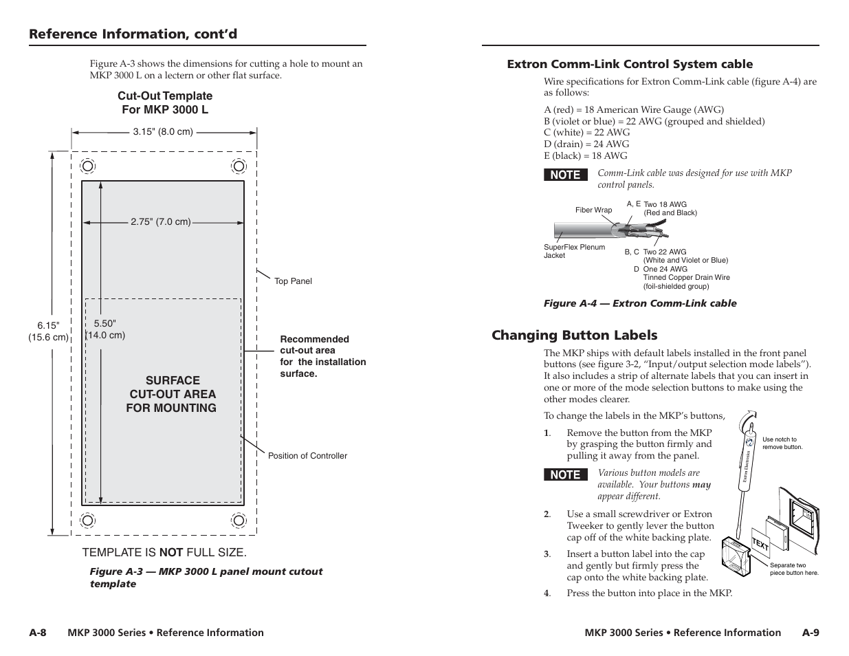 Extron comm-link control system cable, Changing button labels, Reference information, cont’d | Extron Electronics MKP 3000 Series User Manual | Page 54 / 55