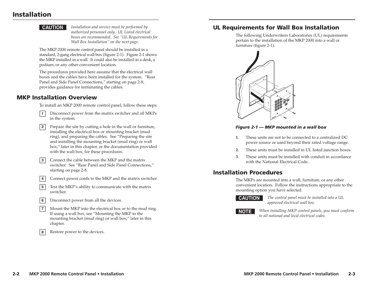 Mkp installation overview, Ul requirements for wall box installation, Installation procedures | Installation | Extron Electronics MKP 2000 User Manual | Page 10 / 43