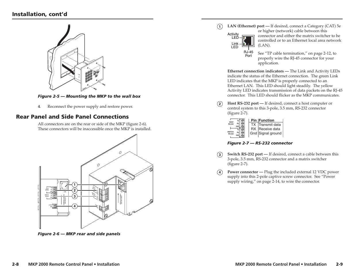 Rear panel and side panel connections, Installation, cont’d, Mkp 2000 remote control panel • installation | Figure 2-5 — mounting the mkp to the wall box, Figure 2-6 — mkp rear and side panels | Extron Electronics MKP 2000 User Manual | Page 13 / 43