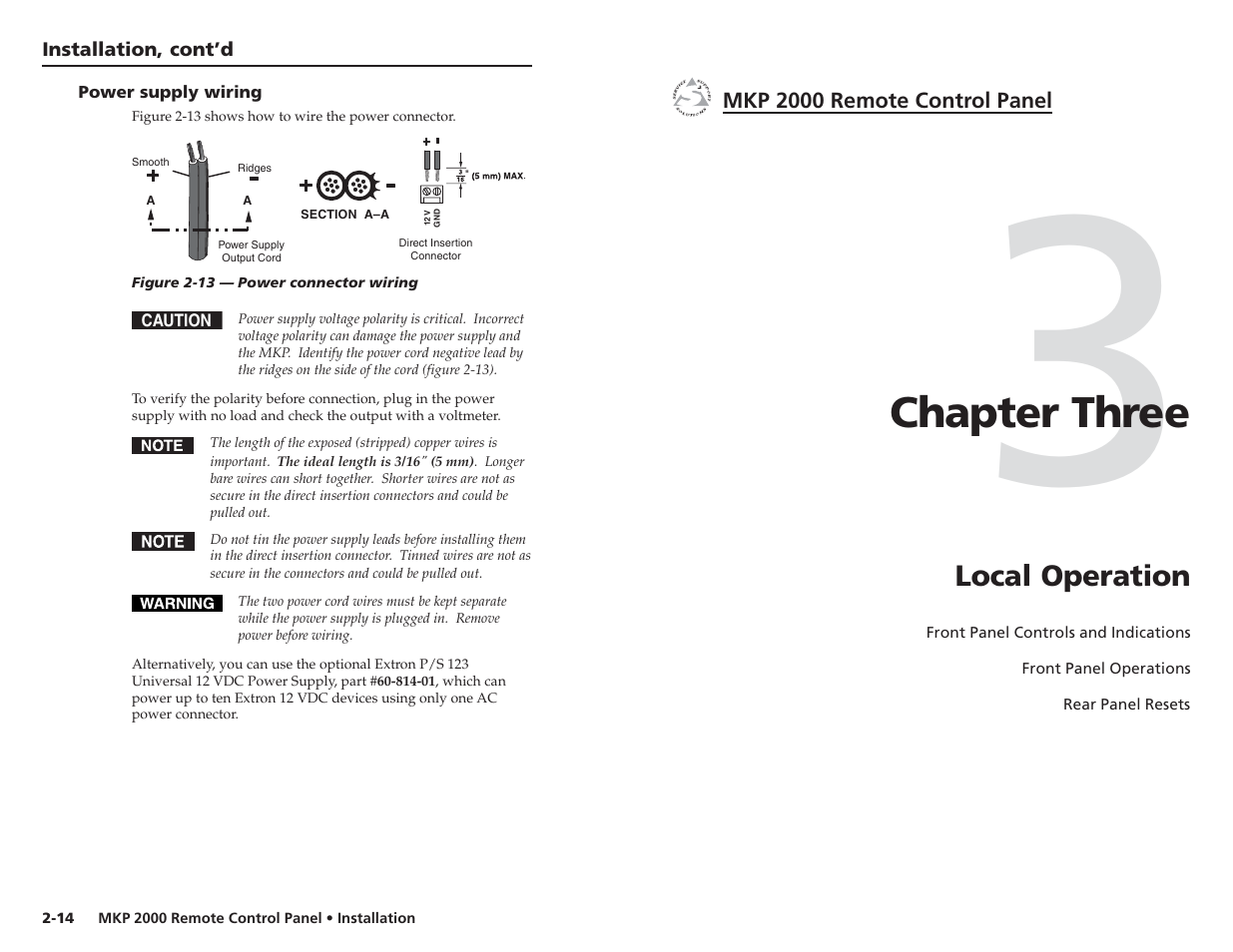 Power supply wiring, Local operation, Chapter three | Extron Electronics MKP 2000 User Manual | Page 16 / 43