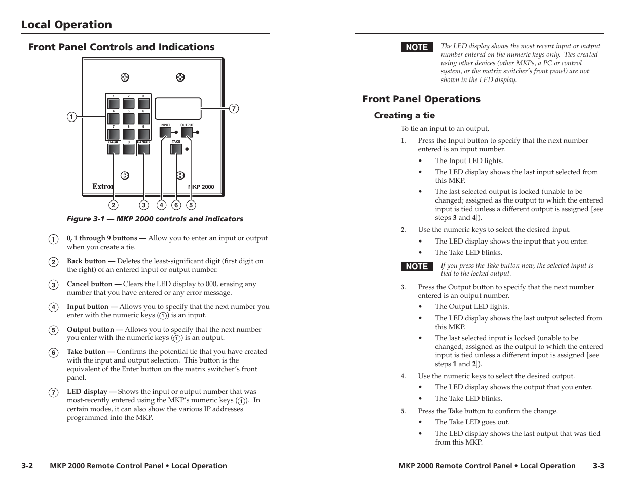 Front panel controls and indications, Front panel operations, Creating a tie | Local operation | Extron Electronics MKP 2000 User Manual | Page 17 / 43