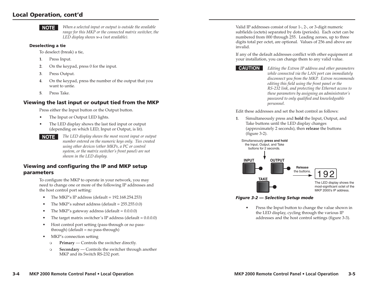 Deselecting a tie, Viewing the last input or output tied from the mkp, Local operation, cont’d | Extron Electronics MKP 2000 User Manual | Page 18 / 43